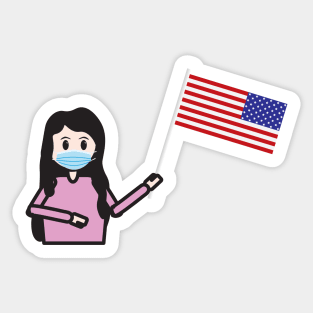 Girl with face mask holding the USA flag Sticker